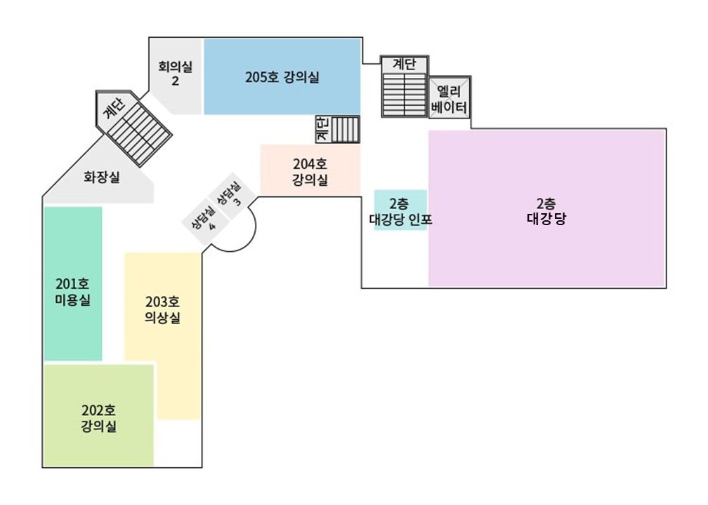201호미용실,202호강의실,203호의상실,204호강의실,205호강의실,2층대강당인포,2층대강당